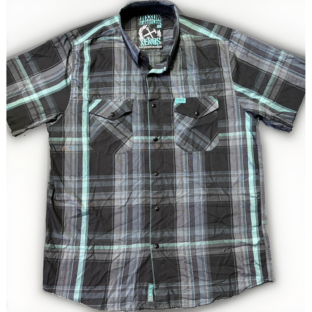Dixxon Flannel Co Xenos Bamboo Short Sleeve Plaid Snap Shirt Mens Lg Black Teal